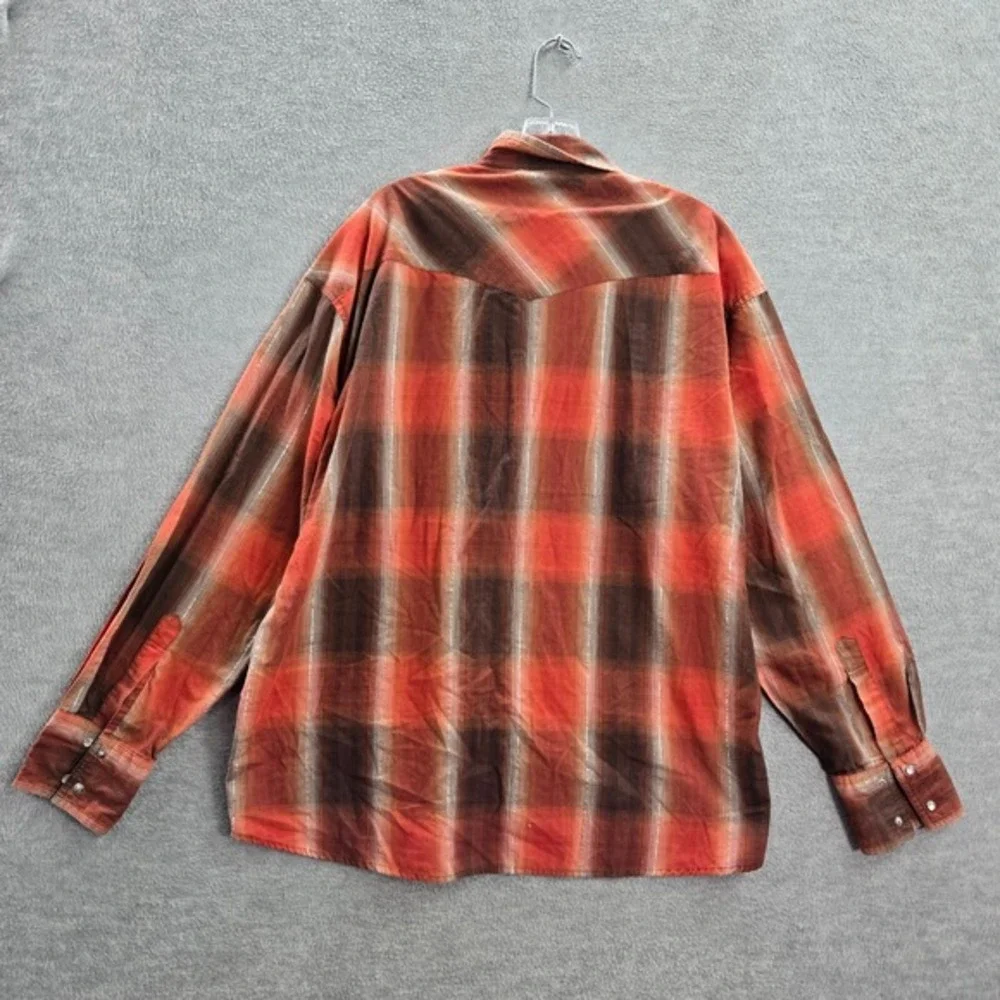 Wrangler‎ Rustler Men Button Up Shirt XL Orange Plaid Western Pearl Snap